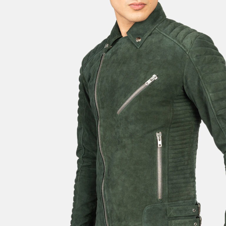 Mens Armand Green Suede Biker Jacket Close-Up-9-1634126751740